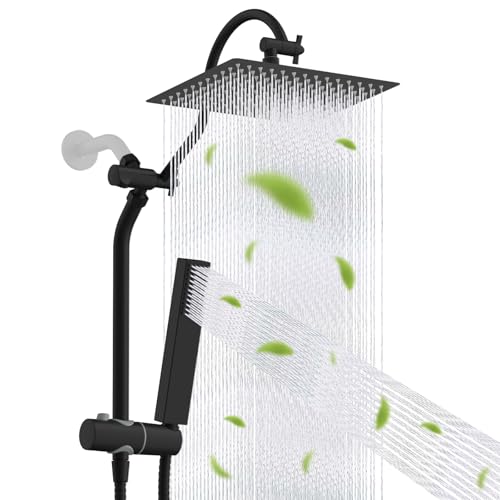 Hibbent 12'' Rainfall Shower Head with 4-mode Handheld Spray, Matte Black | cUPC Certified High Pressure Showerhead Combo, 12'' Adjustable Extension Arm, Extension Bar, Easy Reach Holder, 71'' Hose - color: Matte Black, style: Square 12''