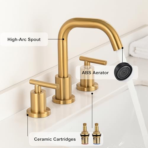 Brushed Gold Bathroom Faucet for Sink 3 Hole, 8 inch Widespread Bathroom Faucets | Brass Gold Vanity Faucets with 360° Swivel Spout 2 Handle Gold Sink Faucet with Drain & Supply Hoses - color: Brushed Gold