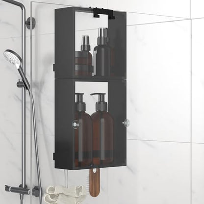 Over the Glass Shower Caddy Hanging, 2 Tier Stainless Steel Rustproof Shower Organizer Over Door with Removeable 4 Hooks & 2 Suction Cup, Bathroom Organizers and Storage Rack, Bathroom Decor - Black