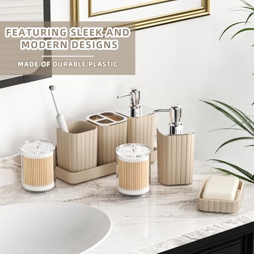 XLHOMO Bathroom Accessories Set - 25PC Bathroom Sets with Shower Curtain and Rugs, Beige Bathroom Set with Trash Can, Soap Dispenser, Soap Dish & Toilet Brush - size: Bath Set+Shower Curtain+Rugs, style: Beige&Silver