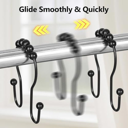 Resze 12PCS Shower Curtain Hooks, Sturdy Metal Shower Curtain Rings(Black) | Glide Roller Double Shower Hooks, Rust Proof Anti-Drop Curtain Hooks, Smooth Sliding Rings for Bathroom Shower Rods Curtains - color: Black