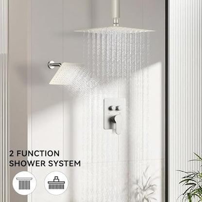 Shower System Brushed Nickel, STARBATH 12" Ceiling Mount Rain Showerhead and 8" Wall Mounted Rainfall Shower for Couples, On Off Button Valve Dual Head Shower Systems Complete - color: Brushed Nickel, size: 12+8 inch-15