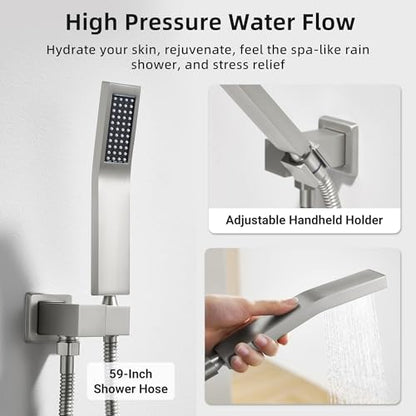 Dasan Brushed Nickel Dual Shower Heads System with Ceiling 12-Inch Rainfall Shower & Wall Mount 6-Inch High Pressure Shower Head, Full Body Dual Shower Head Set - color: Brushed Nickel