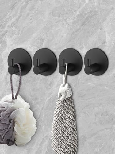 4 Pcs Stainless Steel Adhesive Hooks, Heavy Duty Waterproof Wall Hooks for Hanging Hat,Towel Robe Hook Rack WallMount- Bathroom and Bedroom (Round Black) - color: Black, size: Round