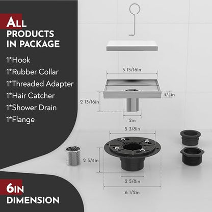 6 Inch Square Shower Drain Brushed Floor Drain with Flange Reversible 2-in-1 Cover Tile Insert Grate Removable SUS304 Stainless Steel CUPC Certified Brushed - color: Brushed, size: 6 Inch