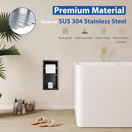 Qeke Recessed Toilet Paper Holder, Dual Rolls Tissue Toilet Holder, Black | 304 Stainless Steel, Rustproof & Durable, Space-saving, in Wall Tissue Holder for Bathroom & RV - color: Matte Black