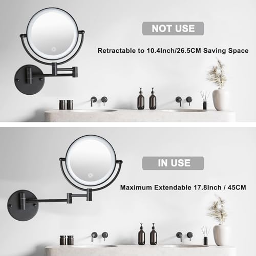 Brass Lighted Wall Mounted Makeup Magnifying Mirror 1X/10X | 8-Inch Rechargeable 2-Sided, 3 Color LED Touch Brightness Adjustment Extended Arm Cosmetic Vanity for Bathroom, Matt Black - color: Matte Black
