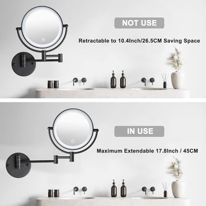 8" Wall Mounted Lighted Makeup Vanity Mirror, 10X Magnifying, Matte Black | Double-Sided, Bathroom, Touch Dimming, 3 Color Lighting, Brass Extendable Arm 360 Swivel Shaving, Hardwired - color: Matte Black