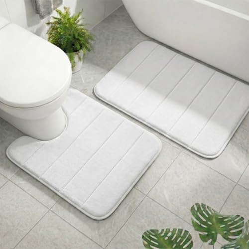 2 Piece Memory Foam Bath Mat Set, Extra Soft Absorbent Bathroom Rugs with U-Shaped Toilet Rug, Non-Slip Backing, Machine Washable, 24x16 + 20x20 U-Shaped, White - color: White