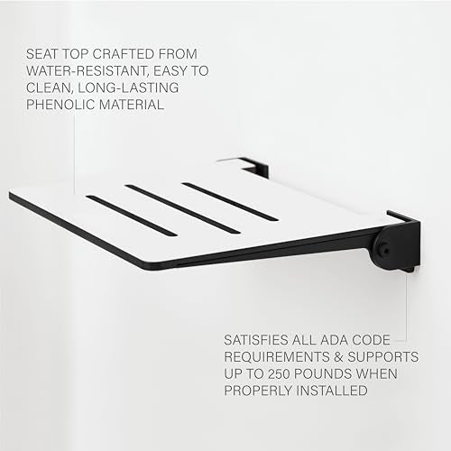 Seachrome 18 inch Silhouette Slimline Folding Wall Mount Shower Bench Seat, White Seat with Matte Black Frame - color: White Seat With Matte Black Frame