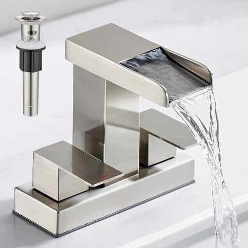 Waterfall Bathroom Faucet for Sink 3 Hole, 4 inch, Brushed Nickel Waterfall Sink Faucets with Pop-up Drain and 2 Supply Hoses, Stainless Steel 2-Handle Centerset Faucet for Sink Vanity, T-6008BN - color: Brushed Nickel