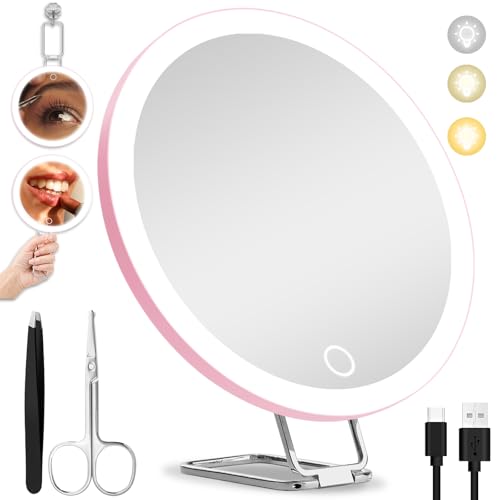 10X Magnifying Mirror with Lights, 6inch Makeup Magnified Mirror 10x Lighted Travel Magnification with 3 Suction Cups and 360° Adjustable Stand - Includes Tweezers & Scissors - color: Pink-10x