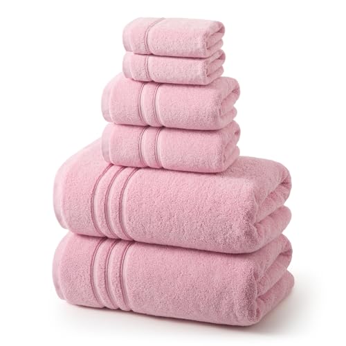 REDKISS Pink Towels Set 6 Piece Cotton Towel Sets with 2 Bath Towels, 2 Hand, 2 Washcloths, 650GSM Hotel Quality, Soft, Highly Absorbent Towels for Bathroom Gym, Ideal Everyday Use - color: Pink