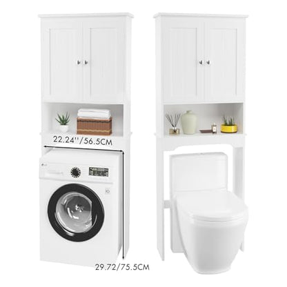 Over the Toilet Storage Cabinet with Double Doors, White Bathroom Storage Cabinets Above Toilet with Adjustable Shelf, Slim Narrow Toilet Rack for Bathroom, White (MDF)