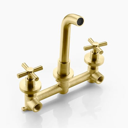 SUMERAIN Brushed Gold Wall Mount Bathroom Faucet | Two Cross Handles, Rough-in Valve Included, Swivel Spout - color: Brushed Gold