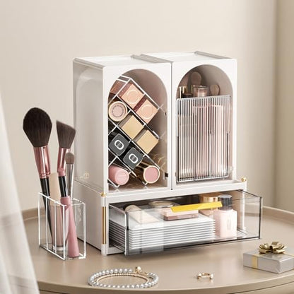 INVSSENE Stackable Makeup Organizer Countertop, Storage Perfume Skincare Cosmetic Lipstick Face Mask Makeup Brush Palettes, Ideal for Vanity Bathroom Counter - color: 3515 White+Clear