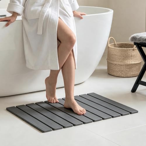 Foldable Stone Bath Mat 60x39cm | Quick-Dry Diatomaceous Earth Bath Rug with PVC Anti-Slip Base | Bathroom, Kitchen, Pet-Friendly Water Absorbent Mat - color: Grey