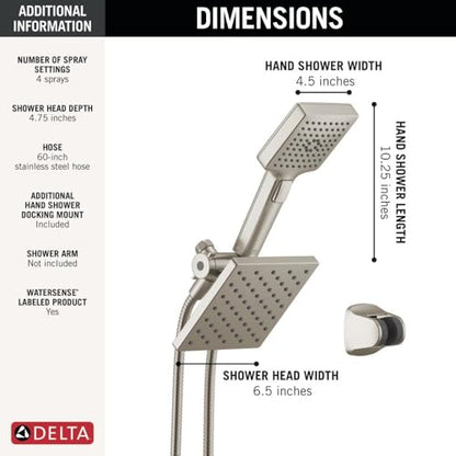 Delta Square 2-in-1 Dual Shower Head with 4-Setting HandHeld Spray, Brushed Nickel Detachable Double Shower Head with Hose, Showerhead, 1.75 GPM Flow Rate, Stainless 75755SS - color: Stainless