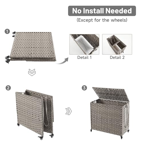 Laundry Hamper with Wheels, 34.3 Gallon(130L) Rolling Laundry Basket with Lid, Removable Large 2 Color Liners & 3 Mesh Laundry Bags, Clothes Hamper with Side Pocket, Grey - color: Grey, size: 23.62"L x 15.75"W x 21.65"H