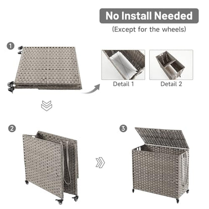 Laundry Hamper with Wheels, 34.3 Gallon(130L) Rolling Laundry Basket with Lid, Removable Large 2 Color Liners & 3 Mesh Laundry Bags, Clothes Hamper with Side Pocket, Grey - color: Grey, size: 23.62"L x 15.75"W x 21.65"H