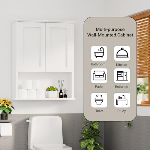 Batheoom Wall Cabinet, Bathroom Storage Cabinet Over Toilet, Medicine Cabinet with 2 Door and Adjustable Shelves, Wall Mount Bathroom Cabinet for Bathroom, Kitchen(White)