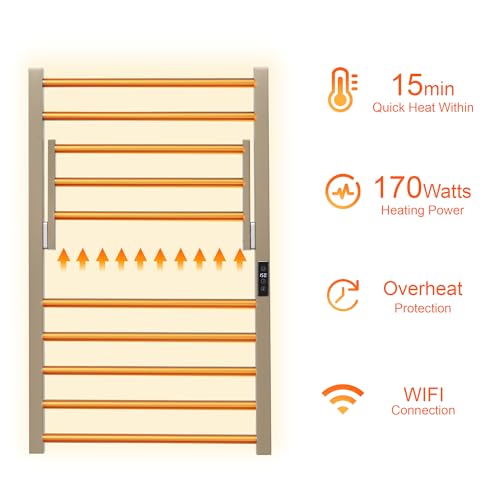 Heated Towel Warmer Rack Electric Bathroom with Voice Control Alexa & Google Home,TUYA Wall-Mounted,Stainless Steel,31.5x19.69x11.61in,Foldable Storage,Plug-in,Brushed Brass,10 Bars - color: Brushed Brass With Wifi & Shelf