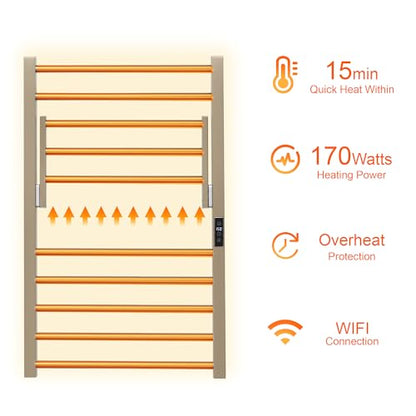 Heated Towel Warmer Rack Electric Bathroom with Voice Control Alexa & Google Home,TUYA Wall-Mounted,Stainless Steel,31.5x19.69x11.61in,Foldable Storage,Plug-in,Brushed Brass,10 Bars - color: Brushed Brass With Wifi & Shelf