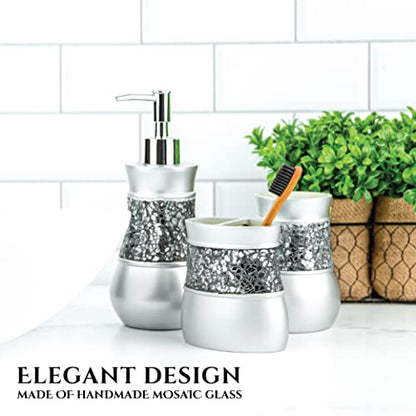 Creative Scents Crackled Glass 6 Pc. Silver Resin Bathroom Accessories Set | Includes Trash can, Tissue Box Cover, Soap Dispenser, Toothbrush Holder, Tumbler Cup & Soap Dish - style: 6 Pc Set 01