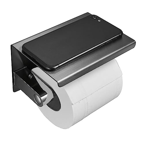 Toilet Paper Holder with Phone Shelf, Wall Mounted Stainless Steel Tissue Dispenser for Bathroom (Single Roll-Black) - color: Single Roll-black