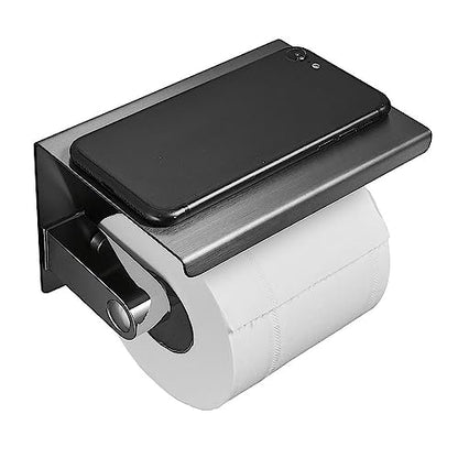 Toilet Paper Holder with Phone Shelf, Wall Mounted Stainless Steel Tissue Dispenser for Bathroom (Single Roll-Black) - color: Single Roll-black