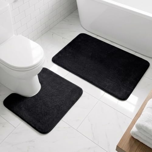 Muddy Mat® CloudStep Bathroom Rugs 2 Piece Set, Non Slip Bath Mats for Bathroom, Absorbent Memory Foam Chenille, Machine Washable Quick Dry Toilet Rug Set, Black 20"x30" + 20"x20" U-Shaped - color: Black