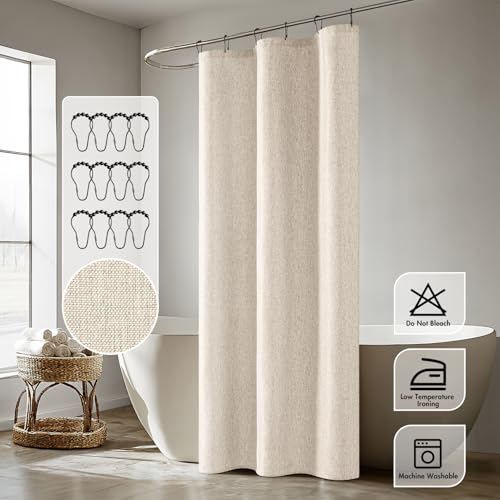 ANRODUO Cream Beige Linen Textured Fabric Shower Curtain Set - W36xL72 | Farmhouse Shower Curtain with 6 Metal Hooks, Waterproof Heavy Duty, Button Hole Design, Machine Washable for Bathroom - color: Cream, size: 36"W x 72"L (Pack of 1)