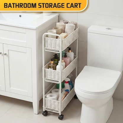 Utility Slim Storage Cart,3-Tier Rolling Kitchen Office Laundry Room Cart,Mobile Shelving Unit Organizer for Living Room Bathroom Baby Diaper Narrow Places (White, UC-White-7.1inch) - color: White