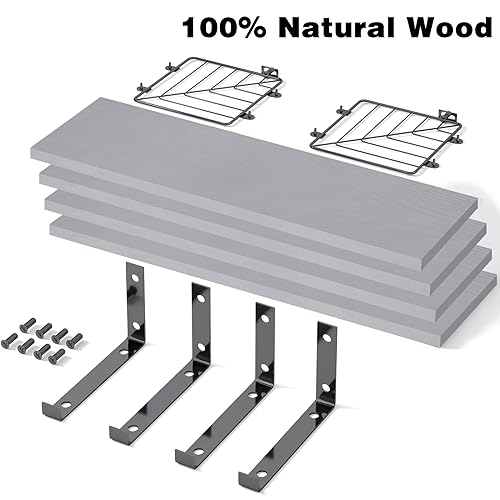 Fixwal 3+1 Tier Bathroom Floating Shelves Over Toilet, Gray | Gray Wood Shelf Set with Toilet Paper Storage Basket, Natural Finish, 40Lb Weight Limit, Quick Mount, Versatile - color: Grey