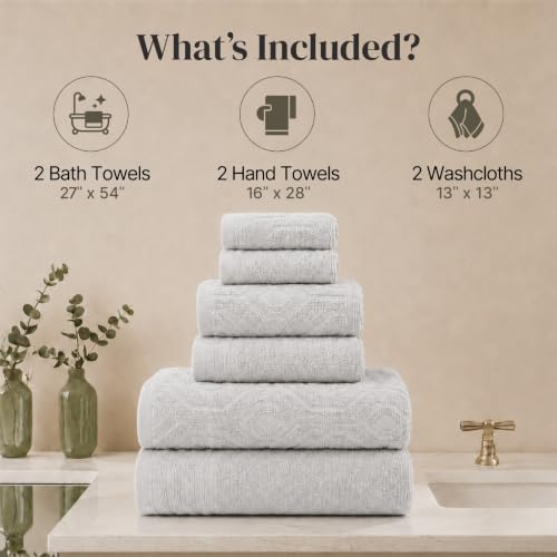 Modern Threads 6 Piece Cotton Bath Towel Set – Ultra Soft 550 GSM Towels – Bathroom Set with Hand Towels and Washcloths – Geometric (Silver Cloud) - color: Silver Cloud, style: Geometric