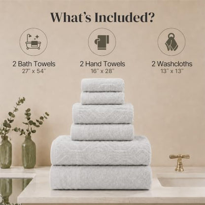 Modern Threads 6 Piece Cotton Bath Towel Set – Ultra Soft 550 GSM Towels – Bathroom Set with Hand Towels and Washcloths – Geometric (Silver Cloud) - color: Silver Cloud, style: Geometric