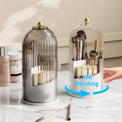Dustproof Toothbrush Holder with Lid, 360 Rotating Countertop Electric Toothbrush Toothpaste Holders with Cover for Bathroom, 3 Slots Makeup Brush Holder with Lid for Vanity, Clear Grey - color: White with Clear Grey Lid