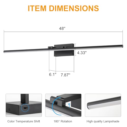 LED Bathroom Vanity Light, Modern Bathroom Light Fixture Over Mirror (3000K/4000K/6000K, Dimmable), Vanity Light Bar with Angle Adjustable, 48 Inch, Black - color: Black, size: 48 inch