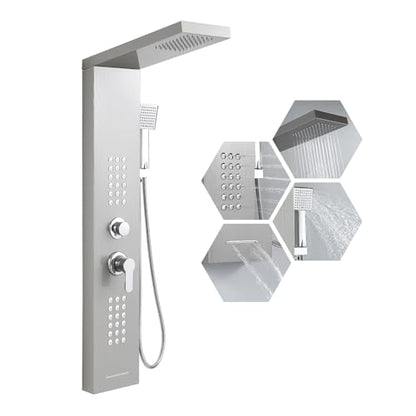ROVATE 4 in 1 Rainfall Shower Panel Tower with Powerful Body Jets, Brushed | High Pressure Stainless Steel Shower Column with Flexible Handheld, Waterfall Tub Spout, Adjustable Waterflow - color: Brushed Finish