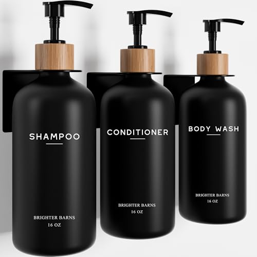 Black Shampoo and Conditioner Dispenser Set Wall Mounted by Brighter Barns - Shampoo Dispenser for Shower Wall 3 Chamber No Drill - Shower Bottles Refillable with Labels for Bathroom, Airbnb (Black) - color: Boho (Black)