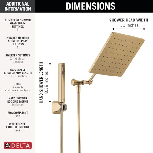 Delta Faucet 10-inch Raincan Shower Head and Hand Held Shower Combo, Gold Square Shower Head, Rainfall Shower Head, Hand Shower, High Pressure Shower, 1.75 GPM Flow Rate, Champagne Bronze 75527-CZ - color: Champagne Bronze
