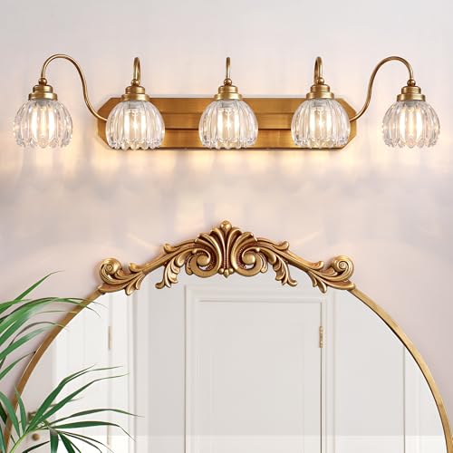 Vintage Gold Bathroom Light Fixtures,5 Light Tulip Crystal | Brushed Gold Vanity Lights,Matte Antique Brass Finish, Mid Century Style, Wall Sconces for Bedroom, Easy to Install - color: Gold, size: 5-Light