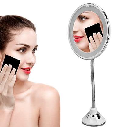 Magnifying Mirror, Flexible Gooseneck LED Lighted 10X Magnifying Makeup Mirror with Power Locking Suction Cup, 10X Magnification LED Fill Light Suction Cup Adjustable Gooseneck Makeup Mirror