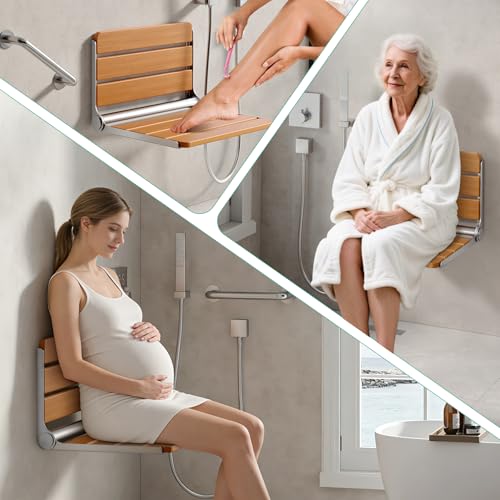 16" Wall Mounted Folding Shower Seat Bench - Heavy Duty 400lb Capacity, ADA Compliant Teak & Stainless Steel Shower Chair for Elderly, Disabled, Bathroom Safety - size: 16 inch