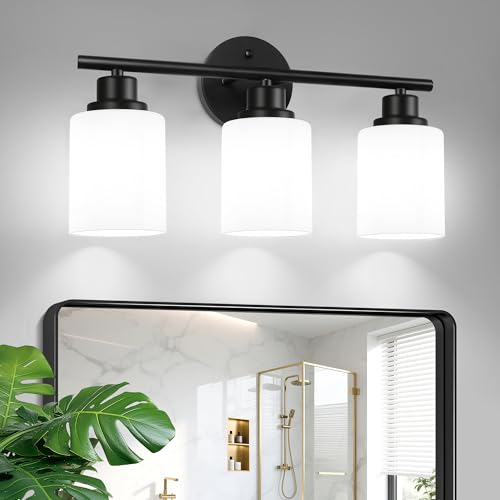3 Light Bathroom Light Fixtures, Modern Vanity Lights with Milky Glass Shade, Black Wall Lamp Over Mirror for Bathroom, Living Room, Cabinet, Bedroom, E26 Base - color: Black & Milky White Glass, size: 3 Light