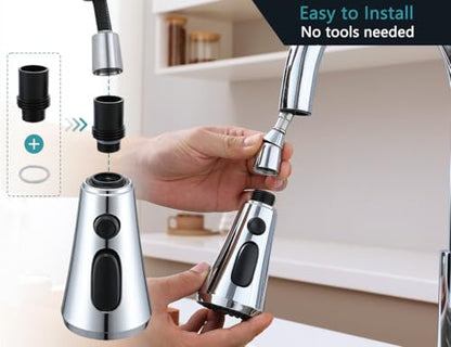 Chrome Pull Down Kitchen Faucet Head Replacement with 9 Adapters | 3-function spray, stream, spray & high-pressure rinse, 9 adapters, fits most faucets, removable aerator, no tools needed - color: Chrome Finish