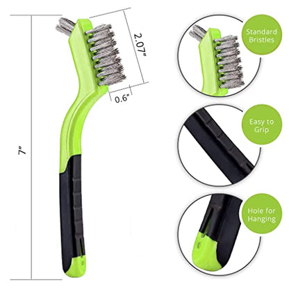 Wire Brush Set 3Pcs - Nylon/Brass/Stainless Steel Bristles with Curved Handle Grip for Rust, Dirt & Paint Scrubbing with Deep Cleaning – 7 Inches (Green) - color: Green