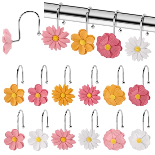 Flower Shower Curtain Hooks, 12 Pack Rustproof Stainless Steel Decorative, Bohemian Floral Bathroom Accessories for Curtain Rod and Shower Rod（Blush Pink） - color: Blush Pink