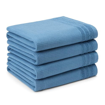 TOWN & COUNTRY BASICS 4-Piece Waffle Woven Terry Stripe Bath Towel Set, 30x56-Inch, 100% Cotton, Quick Dry, Blue - color: Blue