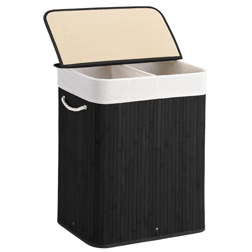 Aliphon 100L Laundry Hamper with lid, 2-Section Clothes Laundry Basket with Handles, Large Collapsible Bamboo Baskets for Bedroom, Bathroom, Dorm, Ink Black - color: Ink Black, size: 100L